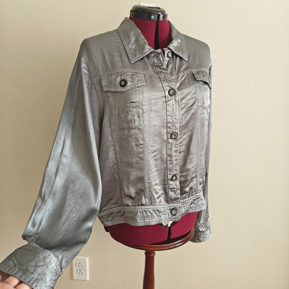 Hard Tail Forever Silver Metallic Satin Trucker Jacket Top Women Medium Made USA